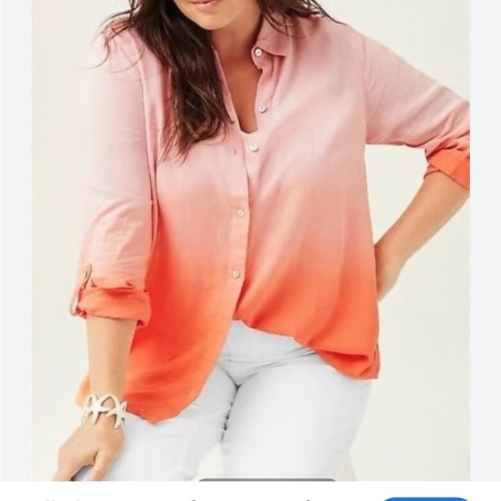 J.Jill Pink and Orange Ombre Button-Up Coastal Beach Lagen Look Shirt Sz Med